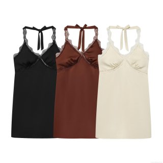 Women Sexy Halter Satin Lace Patchwork Mini Dress Backless Sleeveless V-Neck Nightgown Clubwear Party Slim Fit Camisole Dress