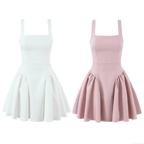 Women's Summer Chic Square Neck Wide Strap Mini Dress Sexy Backless Corset Lace-up Pleated A-Line Polyester Spandex Dress for Party Vacation Casual