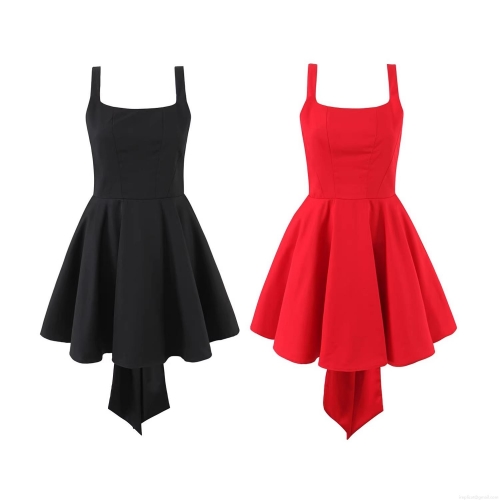 Sexy Backless Bow Mini Dress For Women Square Neck Sleeveless A-Line Skater Evening Party Cocktail Dresses Polyester Rayon Blend Summer Fashion