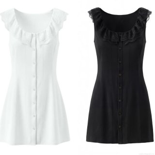 Women's Summer Sleeveless Mini Dress Fashion Ruffle Lace Square Neck Single-Breasted A-Line Dress With Back Bow Tie For Party Clubwear Solid Color Polyester Vest Dress