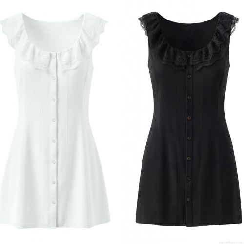 Women's Summer Sleeveless Mini Dress Fashion Ruffle Lace Square Neck Single-Breasted A-Line Dress With Back Bow Tie For Party Clubwear Solid Color Polyester Vest Dress