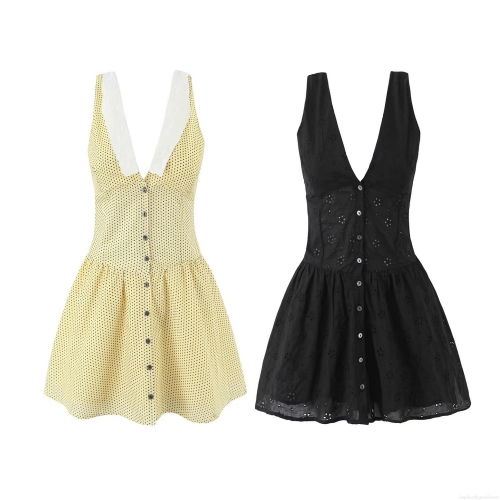 Summer Women Sleeveless Dress Polyester Cotton Lace V Neck Single Breasted Polka Dot Hollow Out Embroidery Slim Fit Street Style Fashion Mini Dress