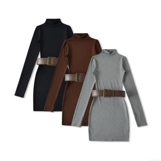 Women's Sexy Knitted Bodycon Dress Long Sleeve Half High Neck Slim Fit Mini Dress With Belt Fashion Rayon Spandex Blend Casual Streetwear Dress