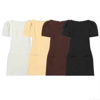 Women's Fashion Slim Fit Polyester Puff Sleeve Mini Dress Solid Color Crew Neck Casual Streetwear Short Sleeve Dress with Pockets for Women