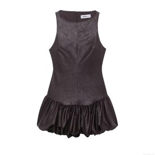 Women's PU Leather Mini Dress Sleeveless Crew Neck Back Zipper Pleated Puff Hem Slim Fit Faux Leather Party Streetwear Short Dress