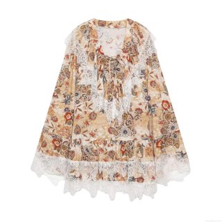 Women's Vintage Bohemian Paisley Floral Print Mini Dress With White Lace Trim V-Neck Tie Front Long Sleeve Summer Casual Vacation Beach Dress