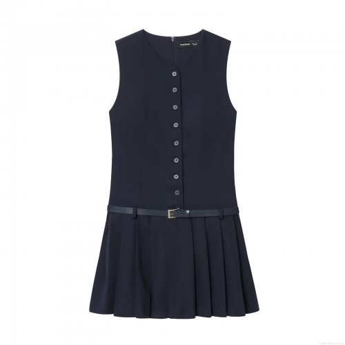 Women's Summer Sleeveless V-Neck Mini Dress With Belt Solid Color Pleated A-Line Button Front Decor Polyester Casual Office Dress