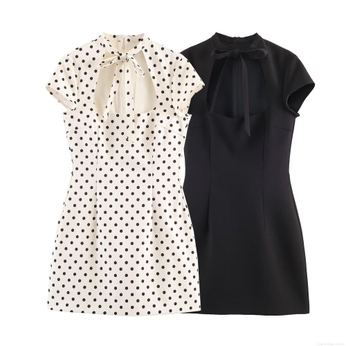 Women's Summer Short Sleeve Polka Dot Mini Dress Stand Collar Bow Tie Hollow Out Backless Slim Fit Polyester Short Dresses for Party Streetwear