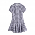 Women's Slim Fit Plaid Mini Dress Summer Short Sleeve Lapel Button Front Tiered Ruffle Hem Gingham Streetwear Casual Dress for Women