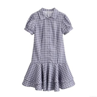 Women's Slim Fit Plaid Mini Dress Summer Short Sleeve Lapel Button Front Tiered Ruffle Hem Gingham Streetwear Casual Dress for Women