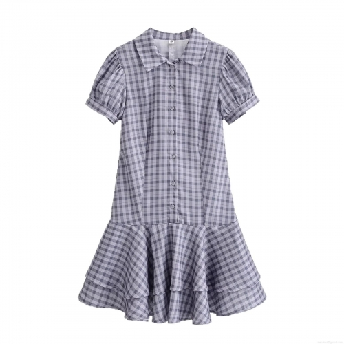 Women's Slim Fit Plaid Mini Dress Summer Short Sleeve Lapel Button Front Tiered Ruffle Hem Gingham Streetwear Casual Dress for Women