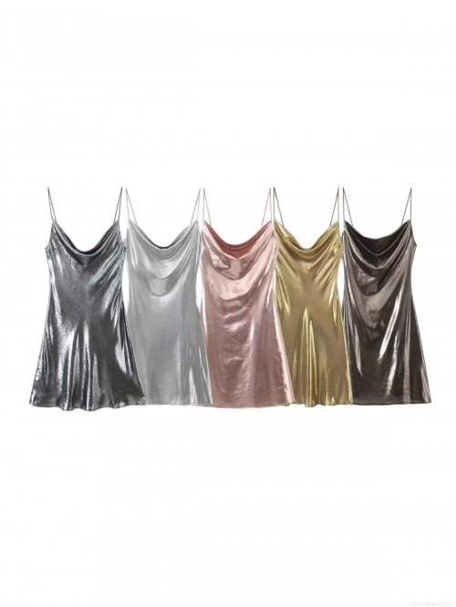 Women's Sexy Metallic Cowl Neck Spaghetti Strap Mini Dress Slim Fit Bodycon Party Clubwear Evening Gowns Polyester Glistening Dress