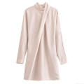 Women Elegant Solid Color Satin Finish Polyester Mini Dress Stand Collar Long Sleeve Draped Pleated Party Club Wedding Guest Cocktail Dress