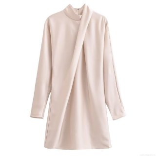 Women Elegant Solid Color Satin Finish Polyester Mini Dress Stand Collar Long Sleeve Draped Pleated Party Club Wedding Guest Cocktail Dress