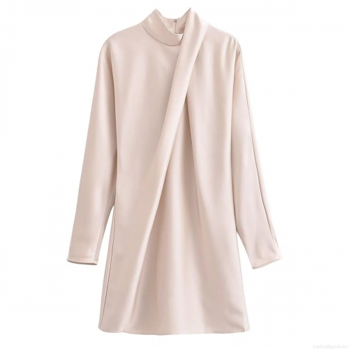 Women Elegant Solid Color Satin Finish Polyester Mini Dress Stand Collar Long Sleeve Draped Pleated Party Club Wedding Guest Cocktail Dress