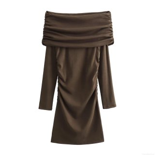 Women's Off-Shoulder Long Sleeve Mini Dress Sexy Ruched Bodycon Solid Color Polyester Club Party Dress For Ladies