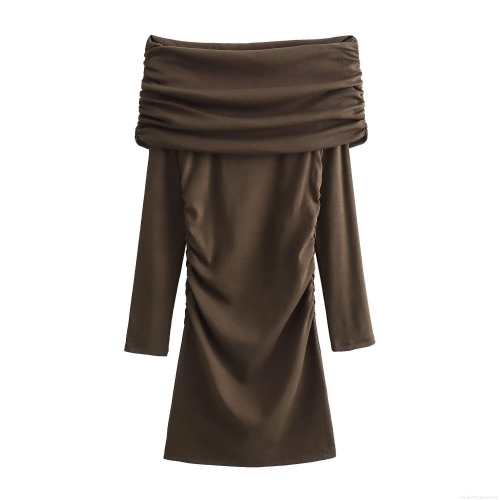 Women's Off-Shoulder Long Sleeve Mini Dress Sexy Ruched Bodycon Solid Color Polyester Club Party Dress For Ladies