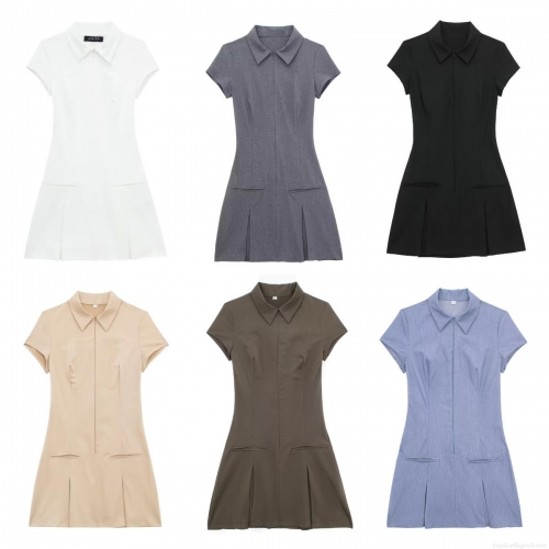 Women's Street Fashion Short Sleeve Pleated Mini Dress High Waist Zipper Polo Collar Woven Polyester Dress For Casual Commute