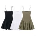 Women Summer Mini Dress Off-Shoulder Camisole Ribbed Knit Patchwork Pleated Puff Skirt European Street Style Sleeveless Short Dress for Party Club