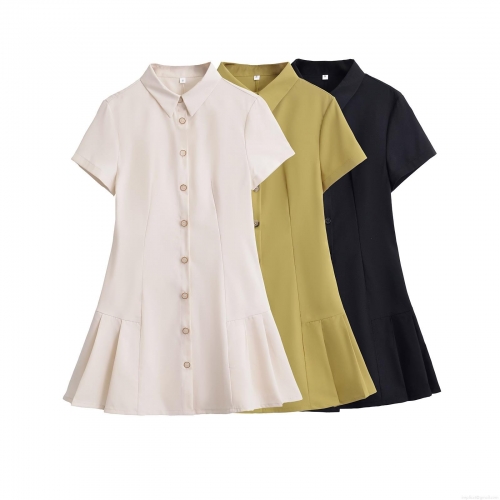 Women's Summer Short Sleeve Lapel Dress Single-breasted Polyester Solid Color Pleated A-Line Shirt Dress Daily Street Fashion Female Casual Mini Dress Wear