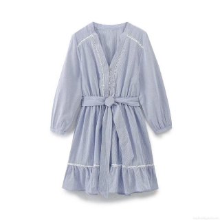 Women's V-Neck Striped Long Sleeve Mini Dress With Belt Cotton Polyester Blend Lace Trim Hollow Out A-Line Casual Dress For Summer