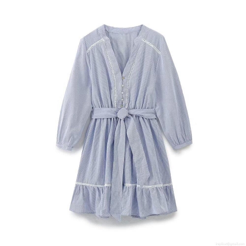 Women's V-Neck Striped Long Sleeve Mini Dress With Belt Cotton Polyester Blend Lace Trim Hollow Out A-Line Casual Dress For Summer