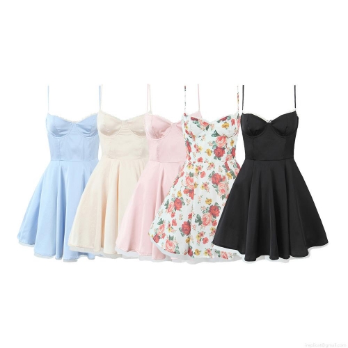 Women Sexy Floral V Neck Backless Cami Mini Dress Summer Lace Trim Satin A Line Party Sundress