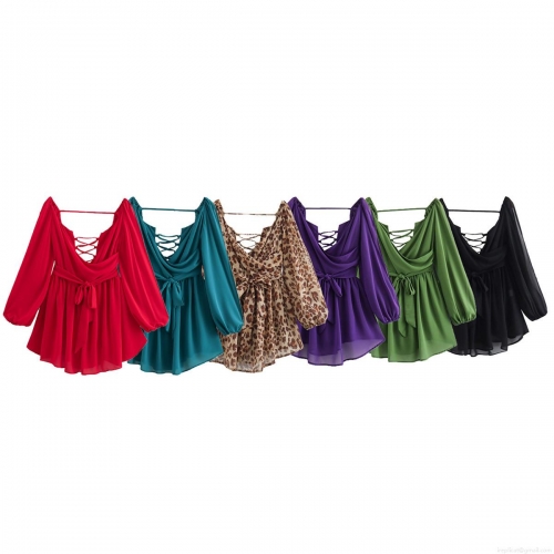 Women's Fashion V Neck Long Sleeve Mini Dress Polyester Chiffon Tie Waist Backless Crisscross A-Line Dress For Party Streetwear Summer Women