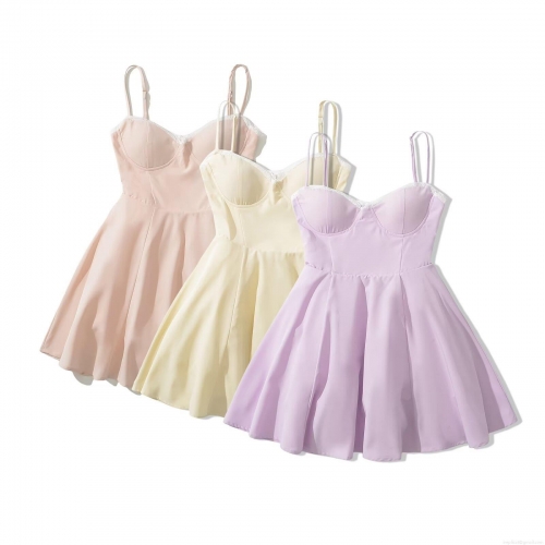 Women's Summer Lace Trim Mini Camisole Dress Sexy Spaghetti Strap Sleeveless A-Line Short Dress With Built-in Bra Solid Color Streetwear