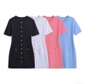 Women's Short Sleeve Knit Mini Dress With Gold Buttons Four Pockets Round Neck Elegant Slim Fit Bodycon Sheath Dress For Office Party Daily Streetwear Fashion Chic Lady