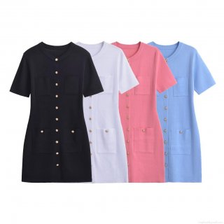 Women's Short Sleeve Knit Mini Dress With Gold Buttons Four Pockets Round Neck Elegant Slim Fit Bodycon Sheath Dress For Office Party Daily Streetwear Fashion Chic Lady