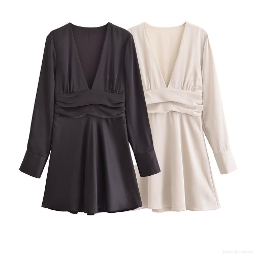 Women's Deep V-Neck Long Sleeve Satin Mini Dress Elegant Ruched Waist Pleated A-Line Solid Color Short Dress For Party Evening Club Ladies Autumn Fashion