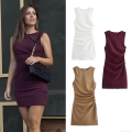 Women Elegant Ruched Sleeveless Bodycon Mini Dress High Stretch Polyester Knitted Side Pleated Slim Fit Short Dress For Party Club Night Commute