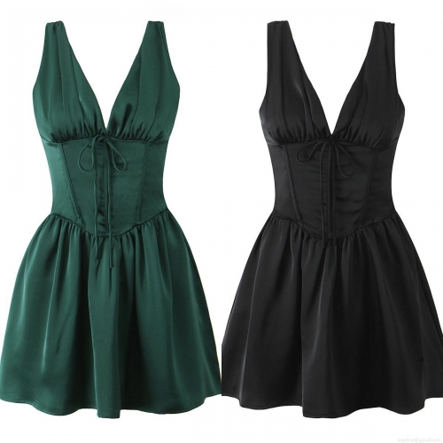 Women's Sexy Deep V Neck Sleeveless Satin Mini Dress Corset Waist Lace Up Party Evening Dress Solid Color Backless Pleated A-Line Princess Dress For Women Fashion Streetwear