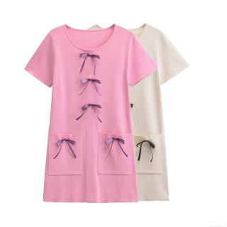Elegant Women's Knit Mini Dress Short Sleeve Round Neck Polyester Solid Color A-Line Casual Dress With Bow Knot Decorations And Front Pockets Fashionable Chic Streetwear Outfit