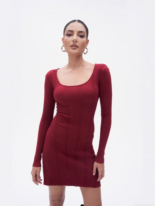 Women's Ribbed Knit Mini Dress Sexy Cut Out Back Tie Long Sleeve Bodycon Dress High Waist Solid Color Streetwear Party Clubwear Dress