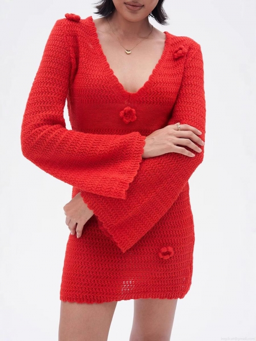 Women's Sexy Deep V Neck 3D Flower Applique Crochet Mini Dress Long Bell Sleeve Knit Bodycon Party Dress Boho Vacation Short Dress