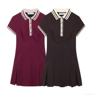 Women's Contrast Color Polo Neck Pleated Mini Dress Short Sleeve A-Line Short Dress With Stripes Preppy Style Casual Streetwear Polyester Clothing For Ladies