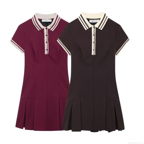 Women's Contrast Color Polo Neck Pleated Mini Dress Short Sleeve A-Line Short Dress With Stripes Preppy Style Casual Streetwear Polyester Clothing For Ladies