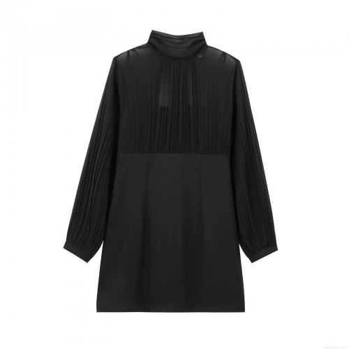 Women's Chic Splicing Pleated Black Dress Elegant High Neck Bow Tie Chiffon Patchwork Long Sleeve Mini Dress For Autumn Winter Party Club Lady Streetwear