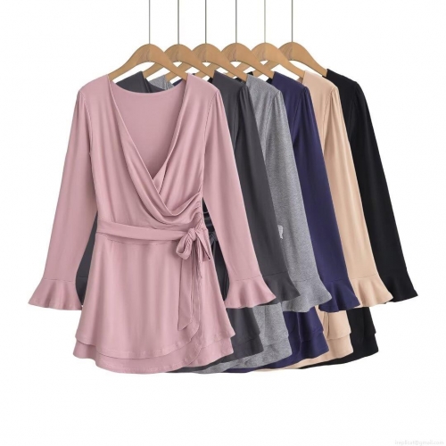 Women's Winter Fashion V-Neck Long Sleeve Dress Flare Cuff Mini Dress With Tie Waist Wrap Style Sexy Solid Color A-Line Short Dress For Party Dating