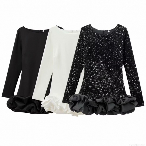 Women's Long Sleeve Sequin Mini Dress Elegant Balletcore Style 3D Ruffle Hem Satin Patchwork Bodycon Party Evening Dress For Cocktail Prom Ladies