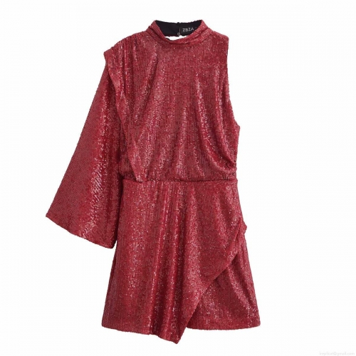 Women Sexy Backless Sequin Mini Dress Asymmetric Halter Neck One Shoulder Long Sleeve Bodycon Club Party Nightclub Dress