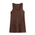 Women's Fashion U-Neck Suede Mini Dress Sleeveless Solid Dark Brown Camisole Streetwear Winter Bodycon Dress