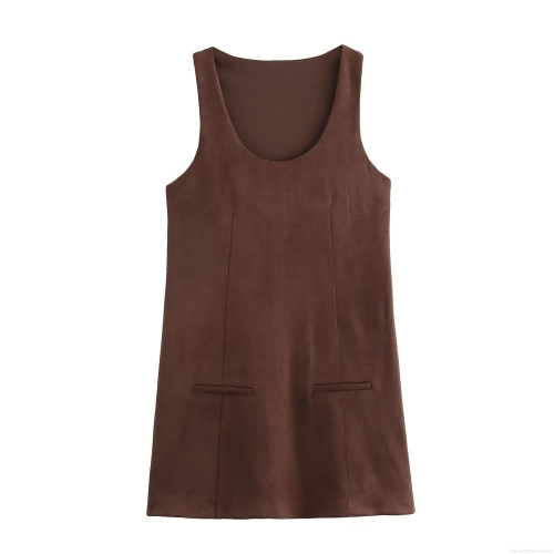 Women's Fashion U-Neck Suede Mini Dress Sleeveless Solid Dark Brown Camisole Streetwear Winter Bodycon Dress