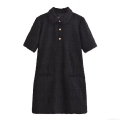 Women's Short Sleeve Tweed Mini Dress Fashionable Lapel Collar Gold Buttons Fringe Trim A-Line Black Street Style Dress For Women