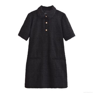 Women's Short Sleeve Tweed Mini Dress Fashionable Lapel Collar Gold Buttons Fringe Trim A-Line Black Street Style Dress For Women