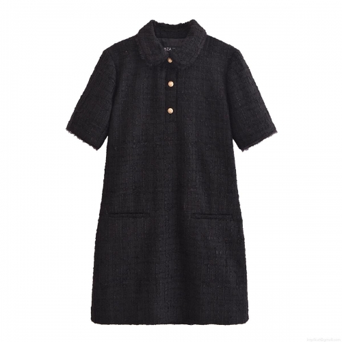 Women's Short Sleeve Tweed Mini Dress Fashionable Lapel Collar Gold Buttons Fringe Trim A-Line Black Street Style Dress For Women