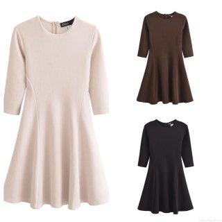 Women's Elegant Solid Color Round Neck Long Sleeve A-Line Mini Dress Stretchy Slim Fit Polyester Short Skater Dress For Party Streetwear