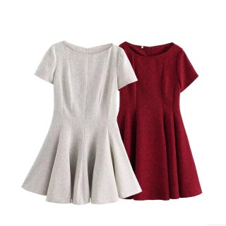 Women's Elegant Tweed Texture Short Sleeve Mini Dress High Waist A-Line Flared Hem Round Neck Short Dress Classic Solid Streetwear Party Dress For Ladies